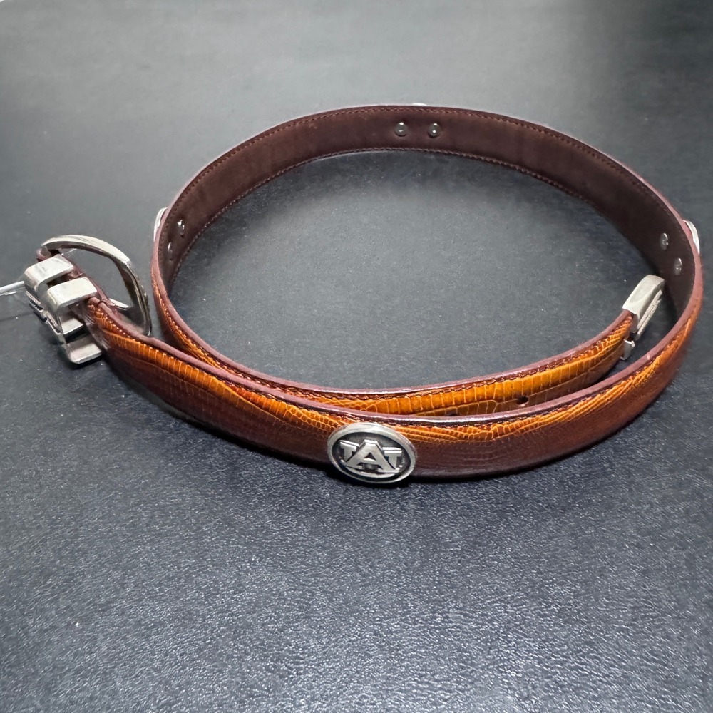 Auburn Tigers NCAA Belt Mens 36 Brown Reptile Embossed Leather AU Logo Silver